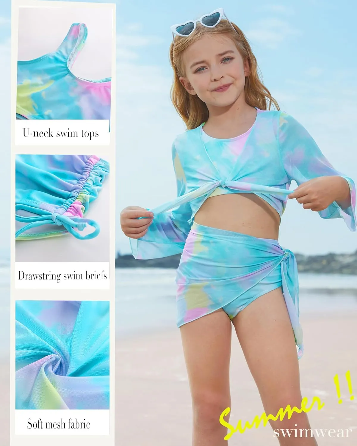 GRACE KARIN Girls Bathing Suit Adjustable Taniki Swimsuit Tie Front 4 Piece Bikini Set with Kimono Cover Up 6-14