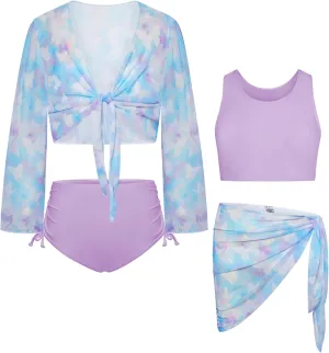 GRACE KARIN Girls Bathing Suit Adjustable Taniki Swimsuit Tie Front 4 Piece Bikini Set with Kimono Cover Up 6-14