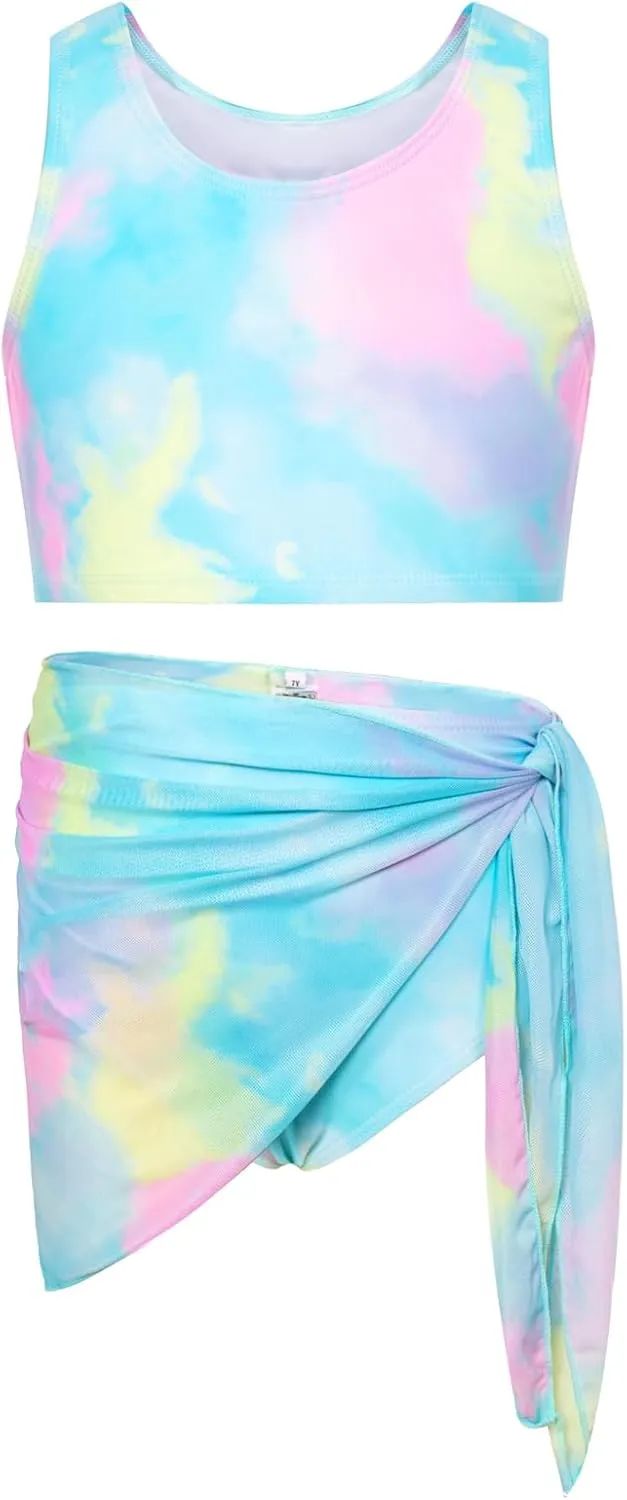 GRACE KARIN Girls Bathing Suit Adjustable Taniki Swimsuit Tie Front 4 Piece Bikini Set with Kimono Cover Up 6-14