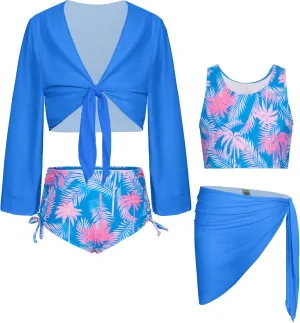 GRACE KARIN Girls Bathing Suit Adjustable Taniki Swimsuit Tie Front 4 Piece Bikini Set with Kimono Cover Up 6-14