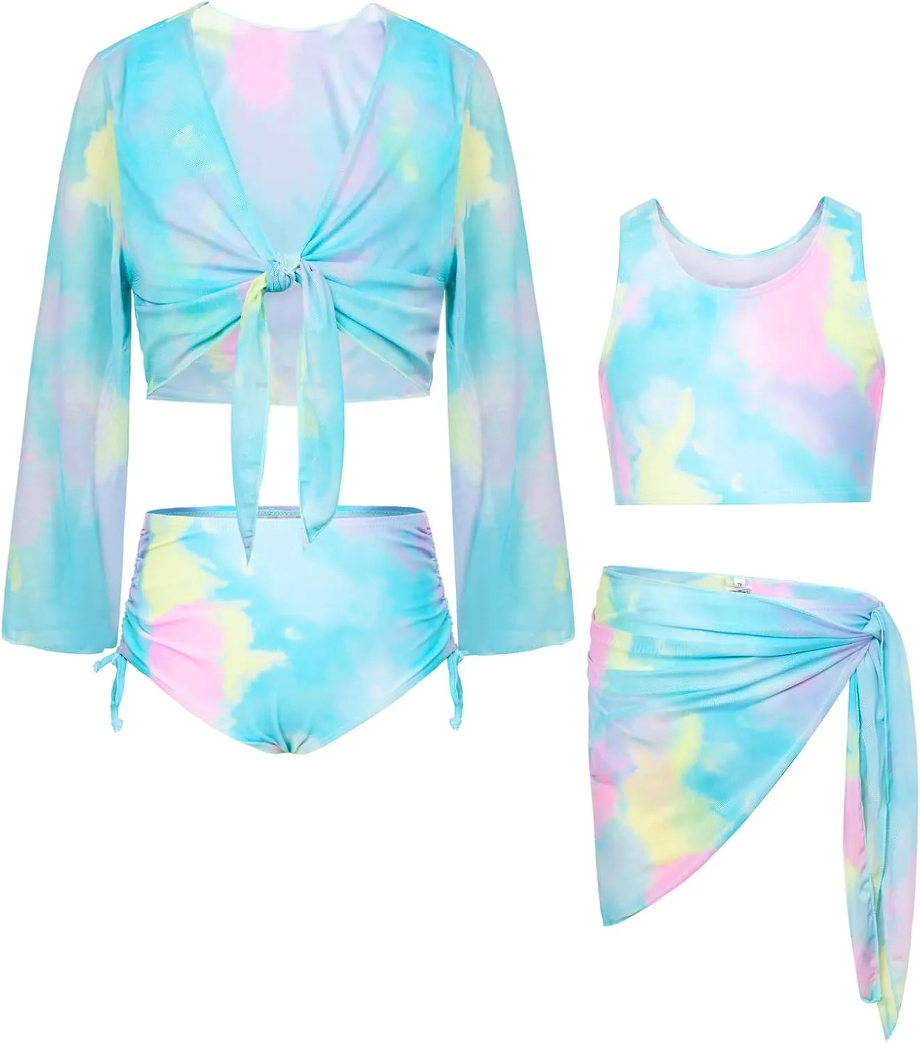GRACE KARIN Girls Bathing Suit Adjustable Taniki Swimsuit Tie Front 4 Piece Bikini Set with Kimono Cover Up 6-14