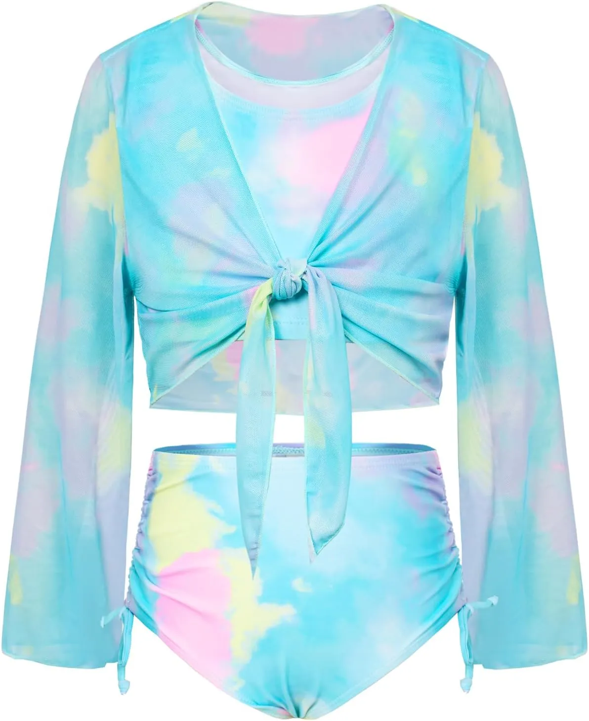 GRACE KARIN Girls Bathing Suit Adjustable Taniki Swimsuit Tie Front 4 Piece Bikini Set with Kimono Cover Up 6-14