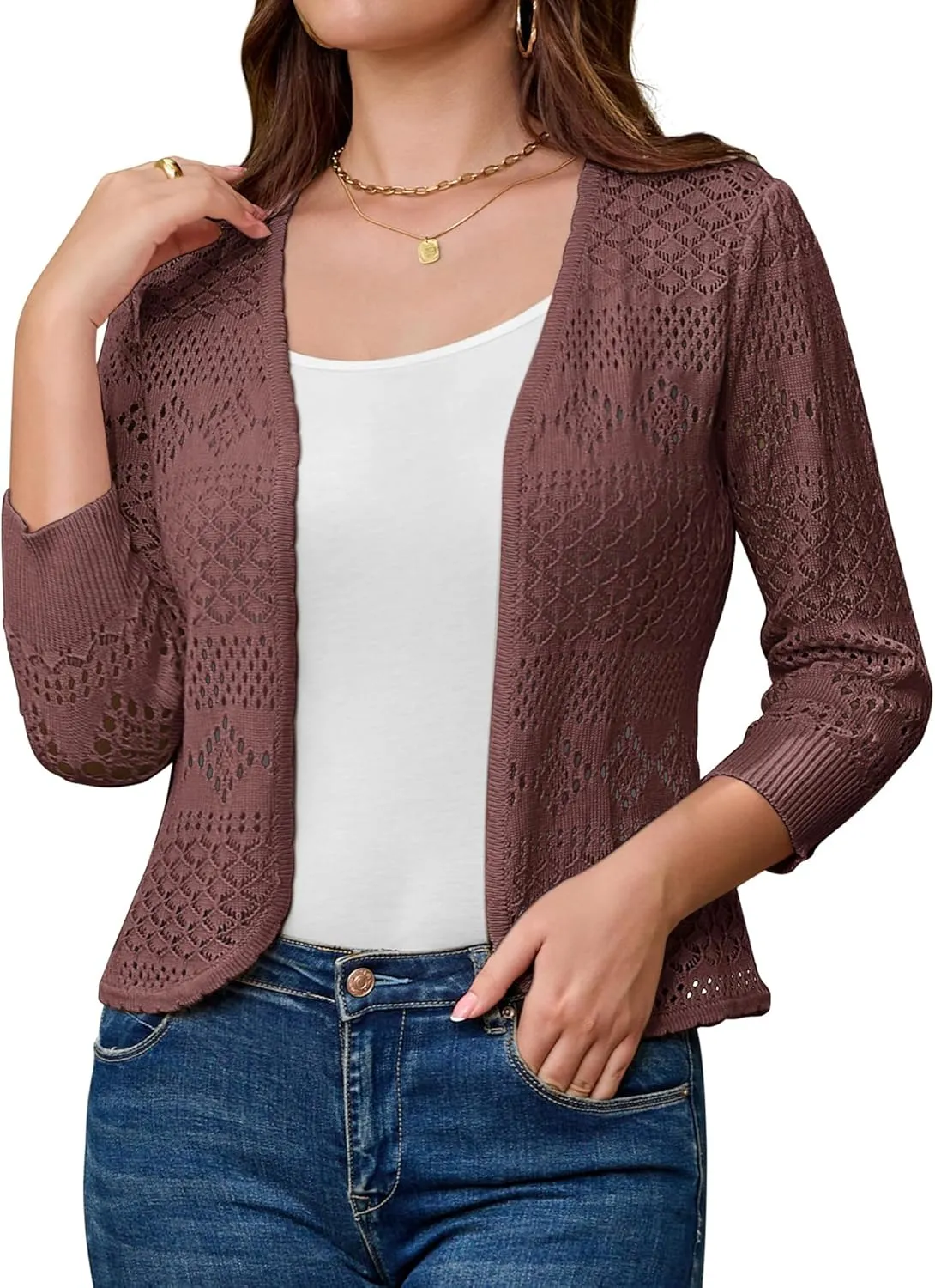 GRACE KARIN Women's 3/4 Sleeve Open Front Cropped Cardigan Summer Lightweight Hollow Out Knit Shrug