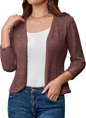 GRACE KARIN Women's 3/4 Sleeve Open Front Cropped Cardigan Summer Lightweight Hollow Out Knit Shrug