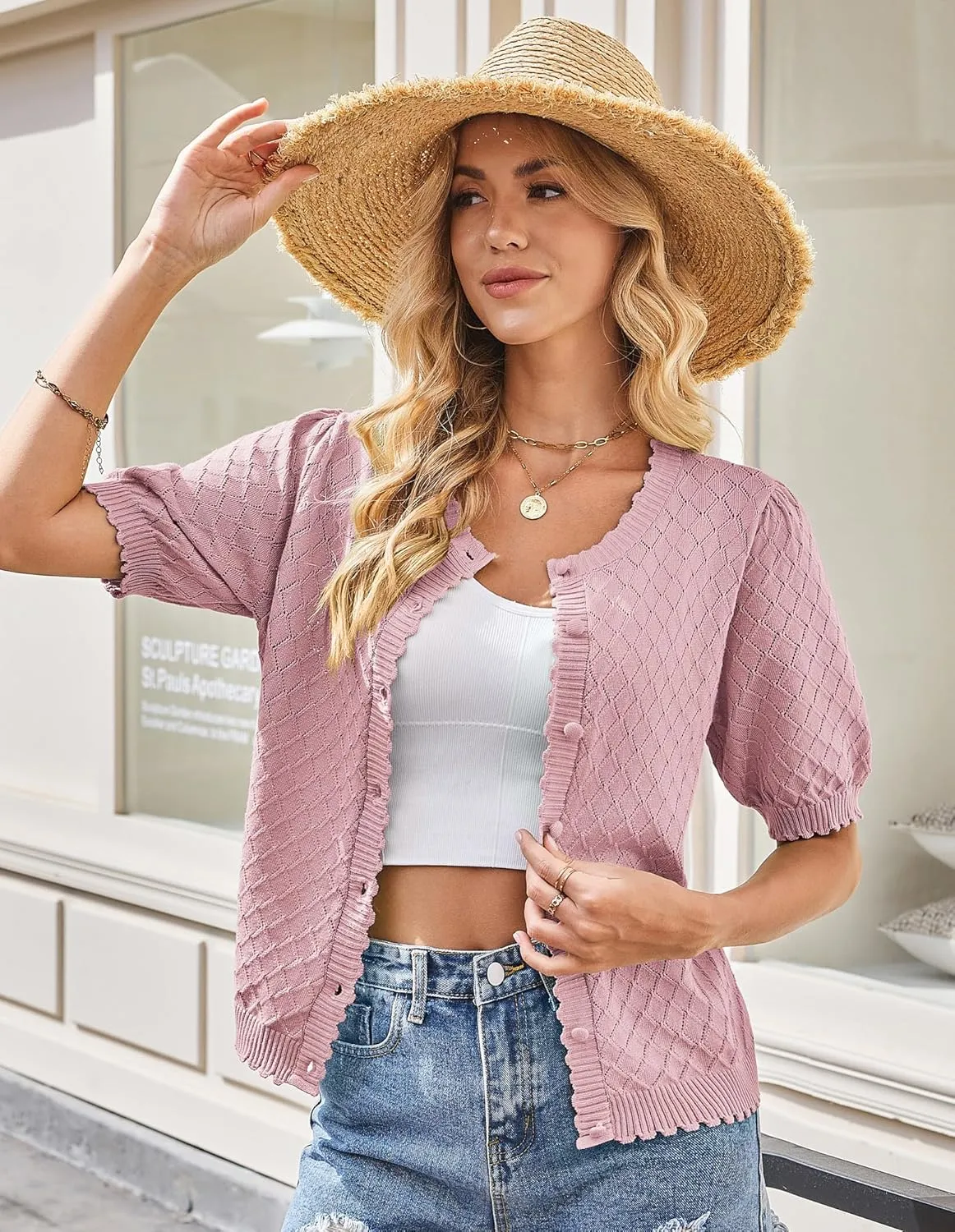 GRACE KARIN Women's Puff Short Sleeve Cardigan Tops 2025 Summer Lightweight Crew Neck Button Down Knit Sweater Blouses