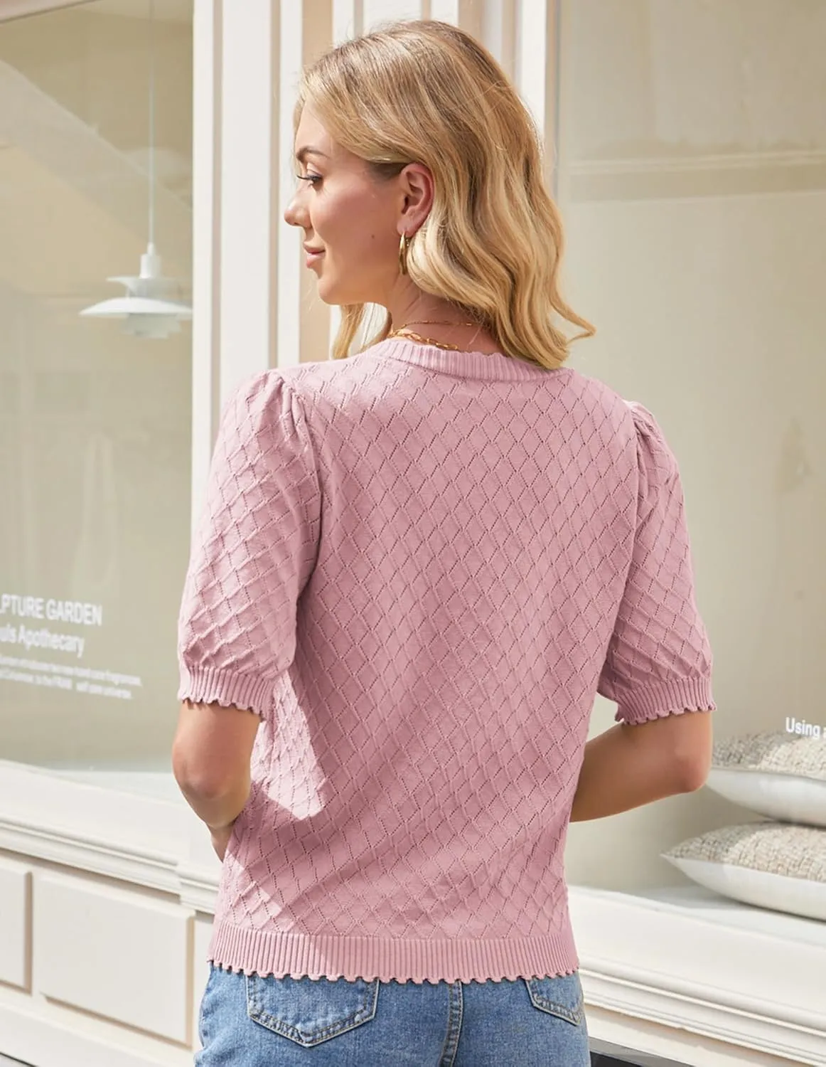 GRACE KARIN Women's Puff Short Sleeve Cardigan Tops 2025 Summer Lightweight Crew Neck Button Down Knit Sweater Blouses
