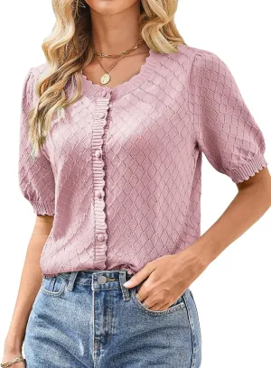 GRACE KARIN Women's Puff Short Sleeve Cardigan Tops 2025 Summer Lightweight Crew Neck Button Down Knit Sweater Blouses
