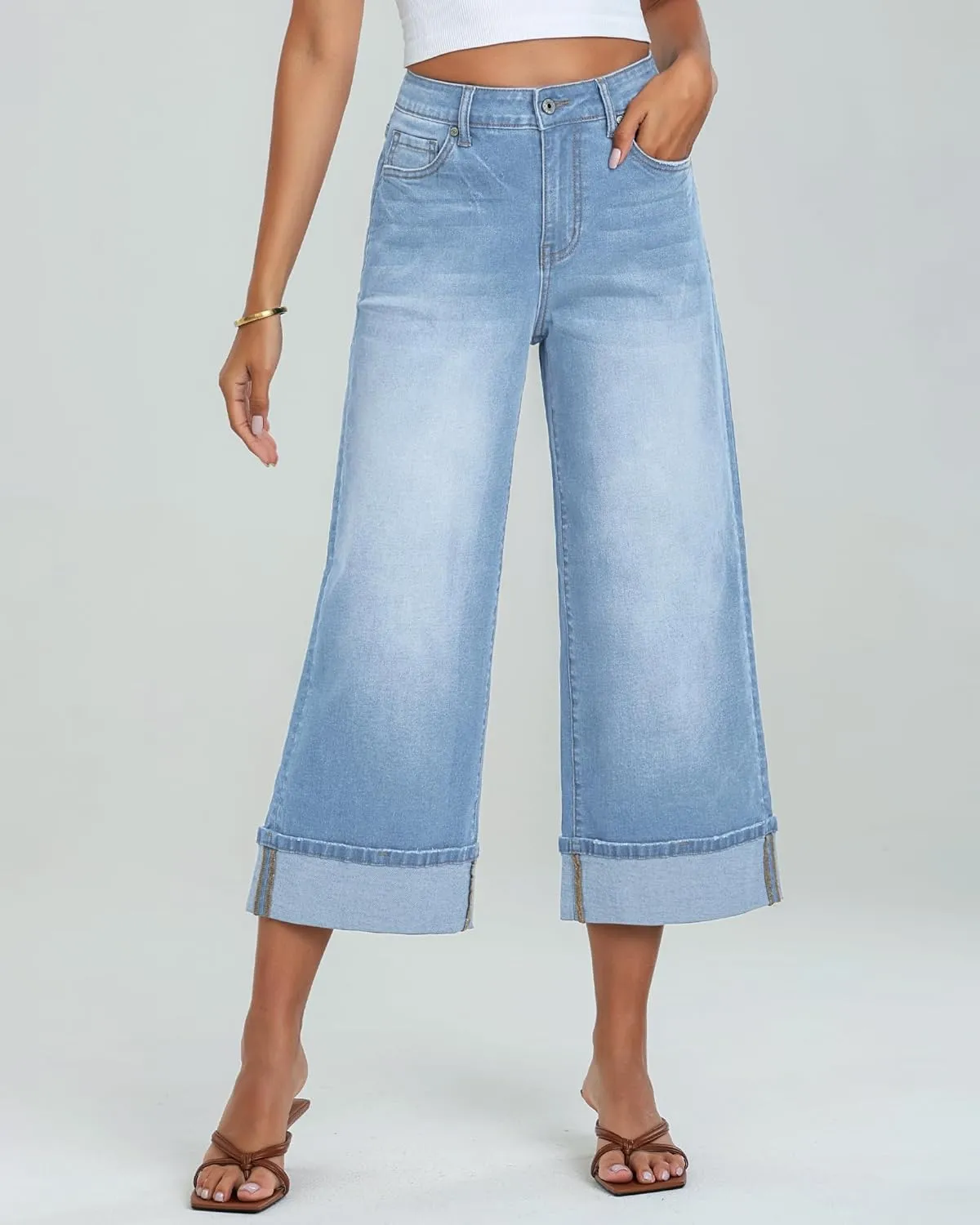 GRAPENT Wide Leg Jeans for Women High Waisted Stretchy Denim Crop Pants Fold Hem Cropped Baggy Jeans with Pockets