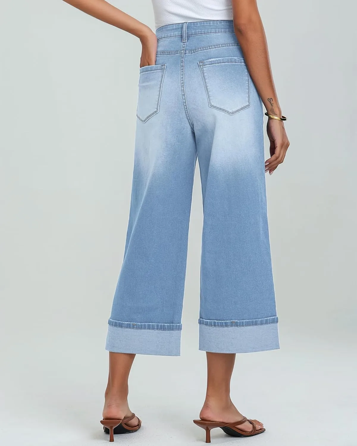 GRAPENT Wide Leg Jeans for Women High Waisted Stretchy Denim Crop Pants Fold Hem Cropped Baggy Jeans with Pockets