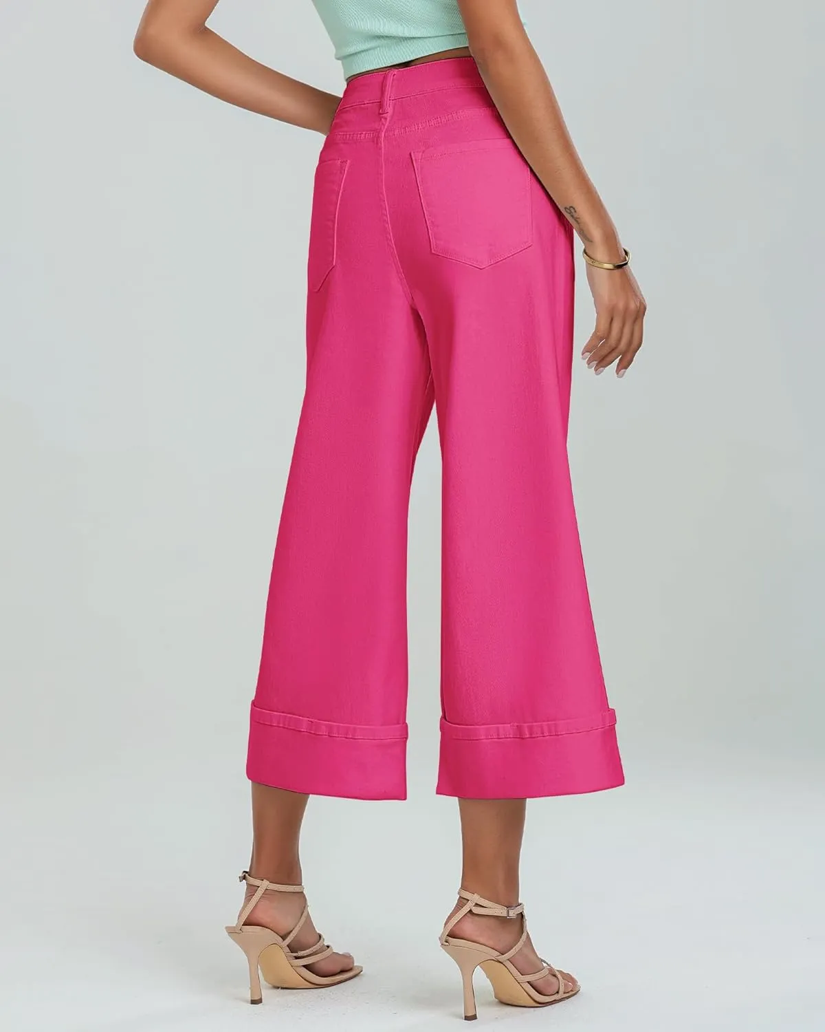 GRAPENT Wide Leg Jeans for Women High Waisted Stretchy Denim Crop Pants Fold Hem Cropped Baggy Jeans with Pockets