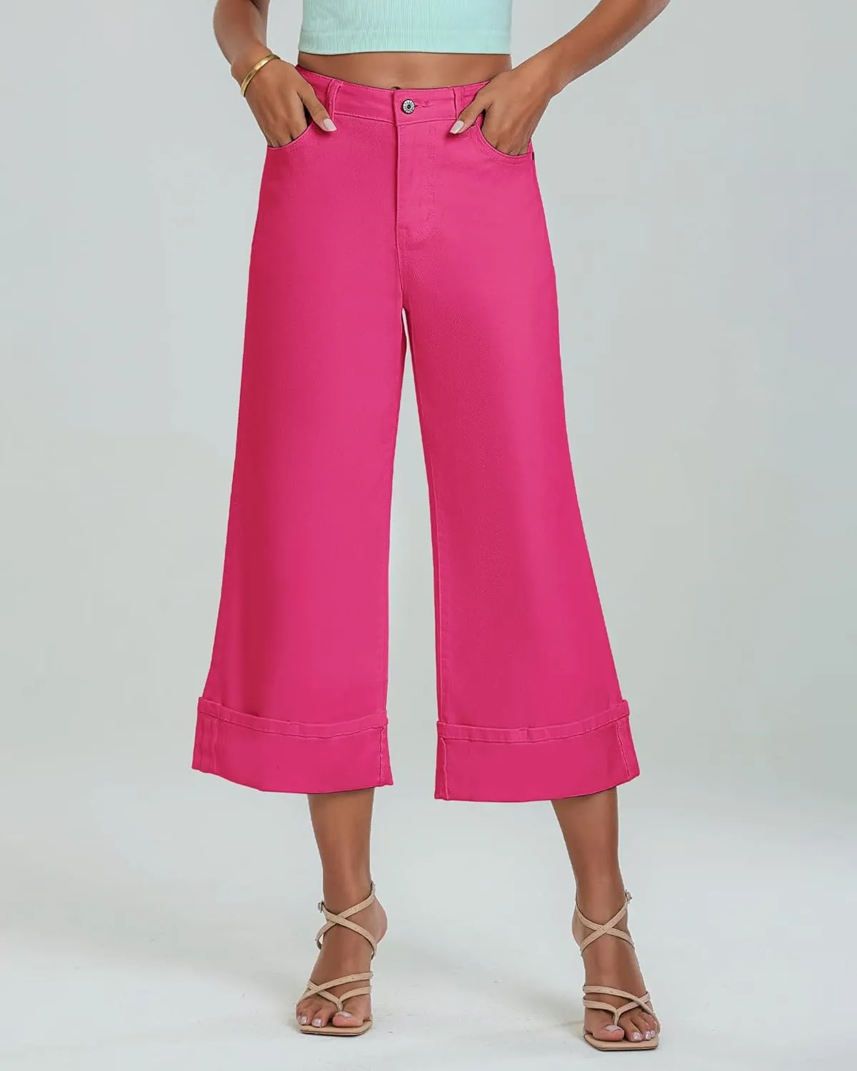 GRAPENT Wide Leg Jeans for Women High Waisted Stretchy Denim Crop Pants Fold Hem Cropped Baggy Jeans with Pockets