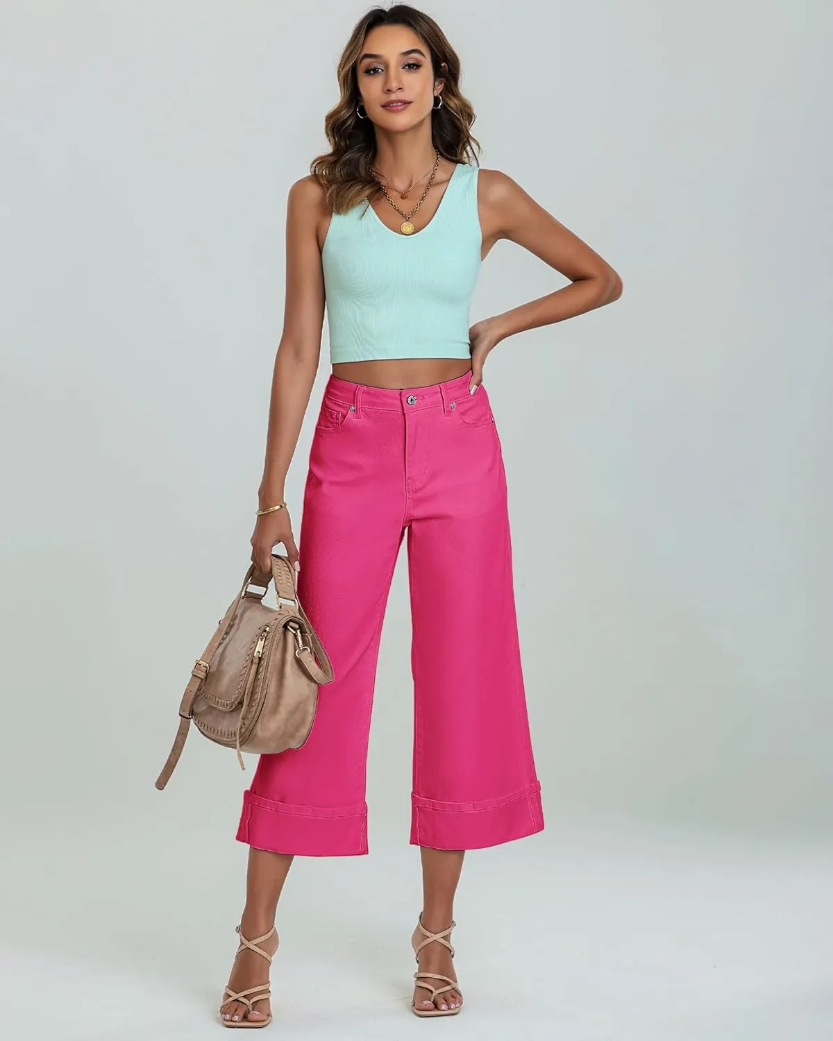 GRAPENT Wide Leg Jeans for Women High Waisted Stretchy Denim Crop Pants Fold Hem Cropped Baggy Jeans with Pockets