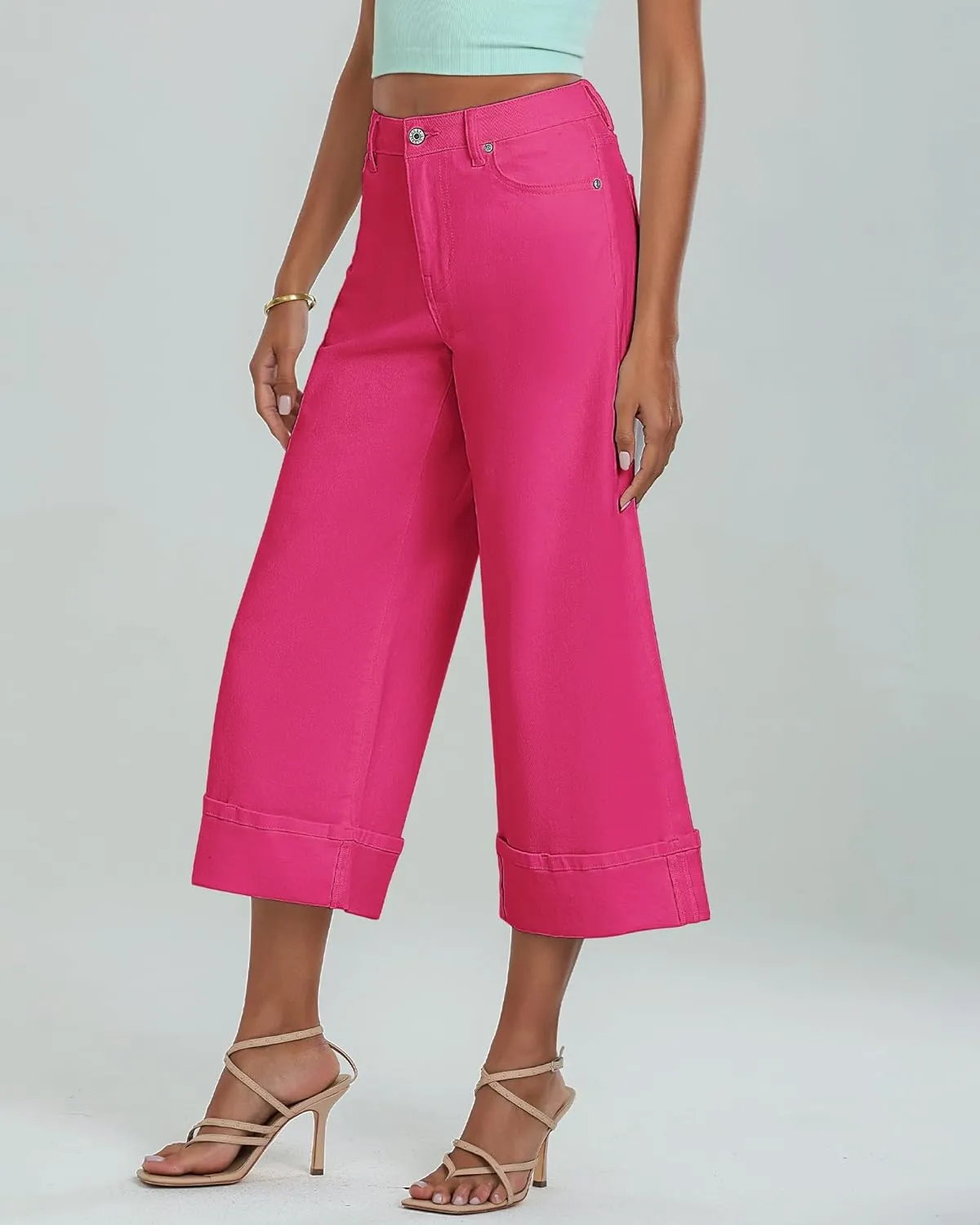 GRAPENT Wide Leg Jeans for Women High Waisted Stretchy Denim Crop Pants Fold Hem Cropped Baggy Jeans with Pockets