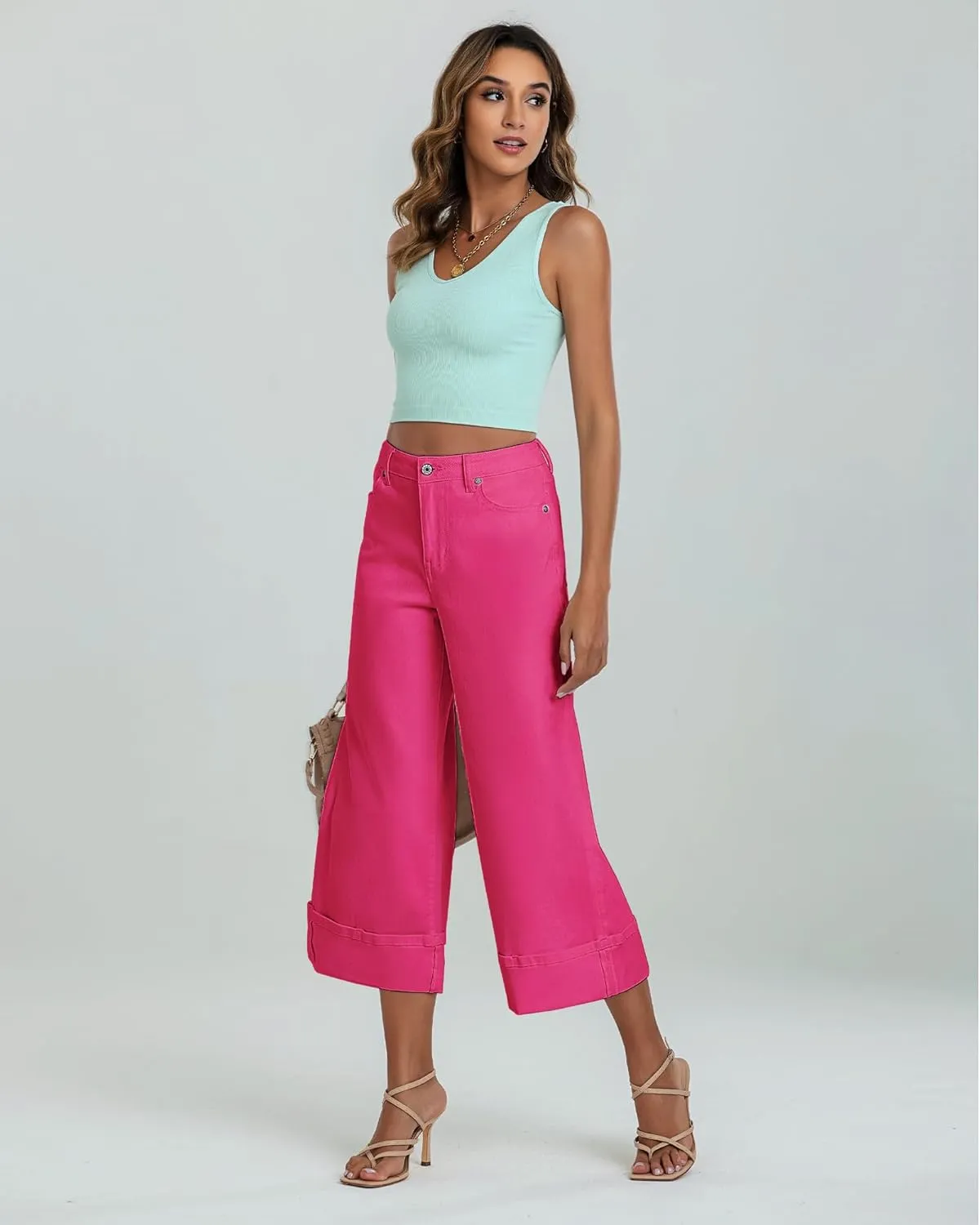 GRAPENT Wide Leg Jeans for Women High Waisted Stretchy Denim Crop Pants Fold Hem Cropped Baggy Jeans with Pockets