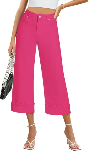 GRAPENT Wide Leg Jeans for Women High Waisted Stretchy Denim Crop Pants Fold Hem Cropped Baggy Jeans with Pockets