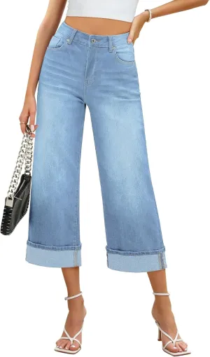 GRAPENT Wide Leg Jeans for Women High Waisted Stretchy Denim Crop Pants Fold Hem Cropped Baggy Jeans with Pockets