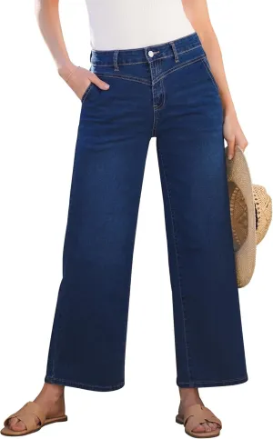GRAPENT Wide Leg Jeans for Women Trendy Cropped High Waisted Front Yoke Casual Stretchy Denim Trousers Ankle Pants Jeans