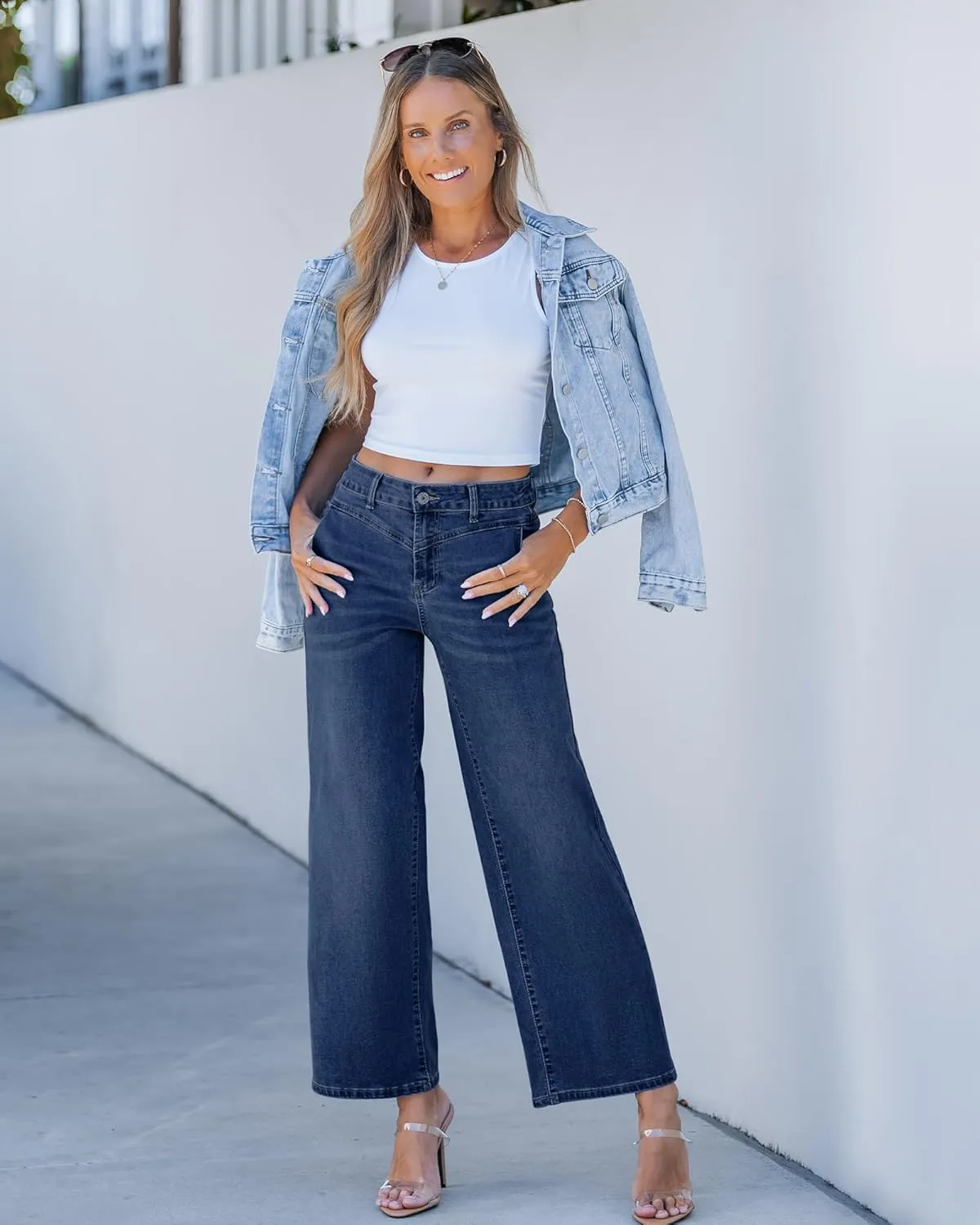 GRAPENT Wide Leg Jeans for Women Trendy Cropped High Waisted Front Yoke Casual Stretchy Denim Trousers Ankle Pants Jeans