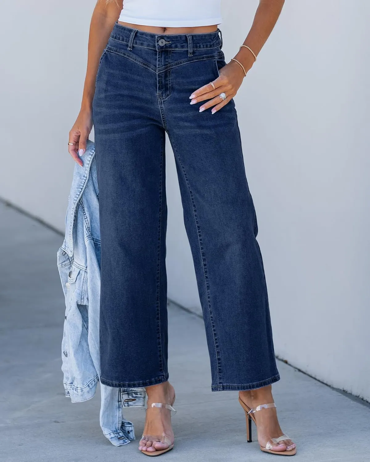 GRAPENT Wide Leg Jeans for Women Trendy Cropped High Waisted Front Yoke Casual Stretchy Denim Trousers Ankle Pants Jeans