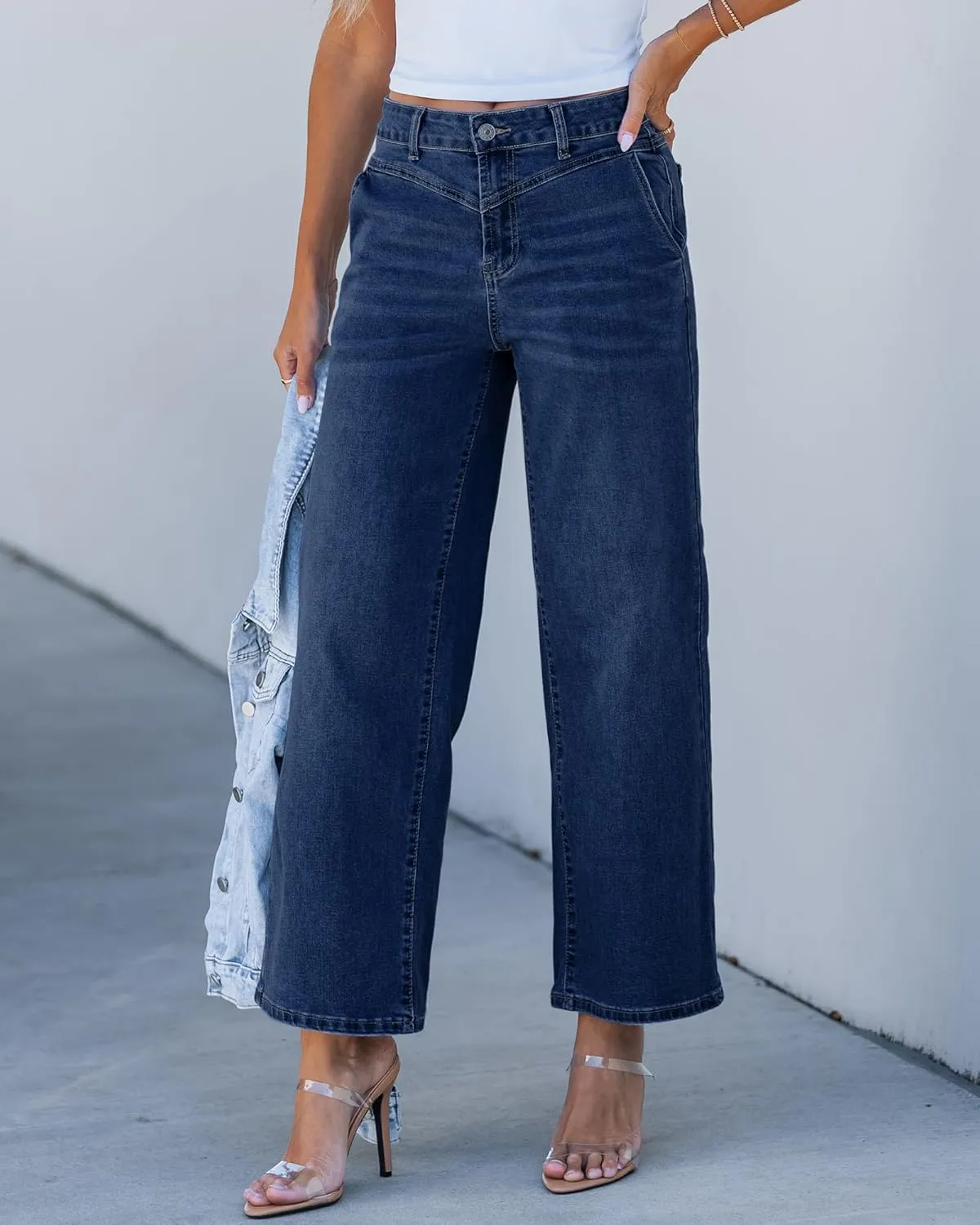GRAPENT Wide Leg Jeans for Women Trendy Cropped High Waisted Front Yoke Casual Stretchy Denim Trousers Ankle Pants Jeans