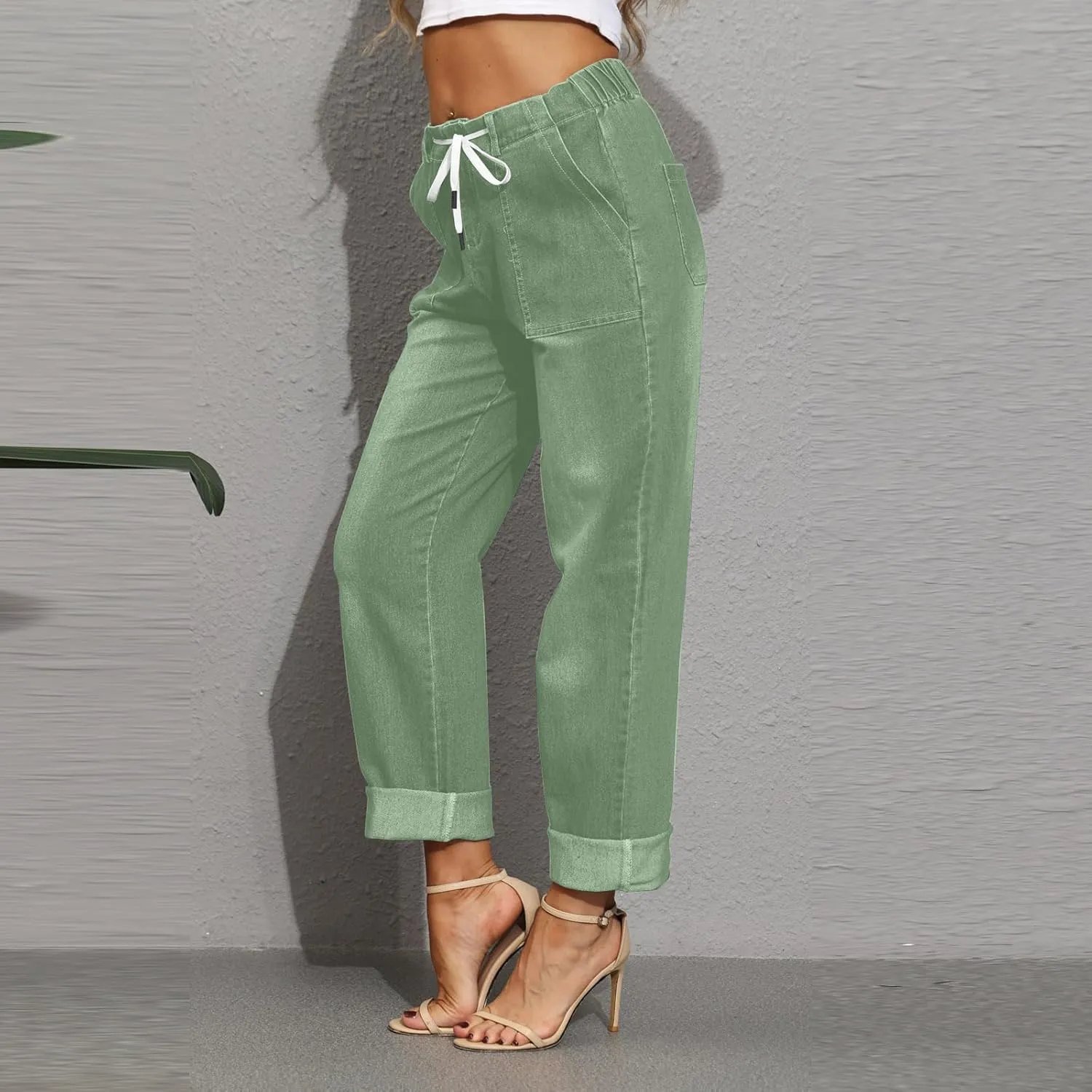 Gumipy Women's Pull On Denim Joggers Elastic Waist Stretch Drawstring Jeans with Pocket Casual Baggy Cropped Jeans