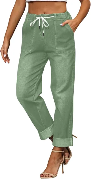 Gumipy Women's Pull On Denim Joggers Elastic Waist Stretch Drawstring Jeans with Pocket Casual Baggy Cropped Jeans