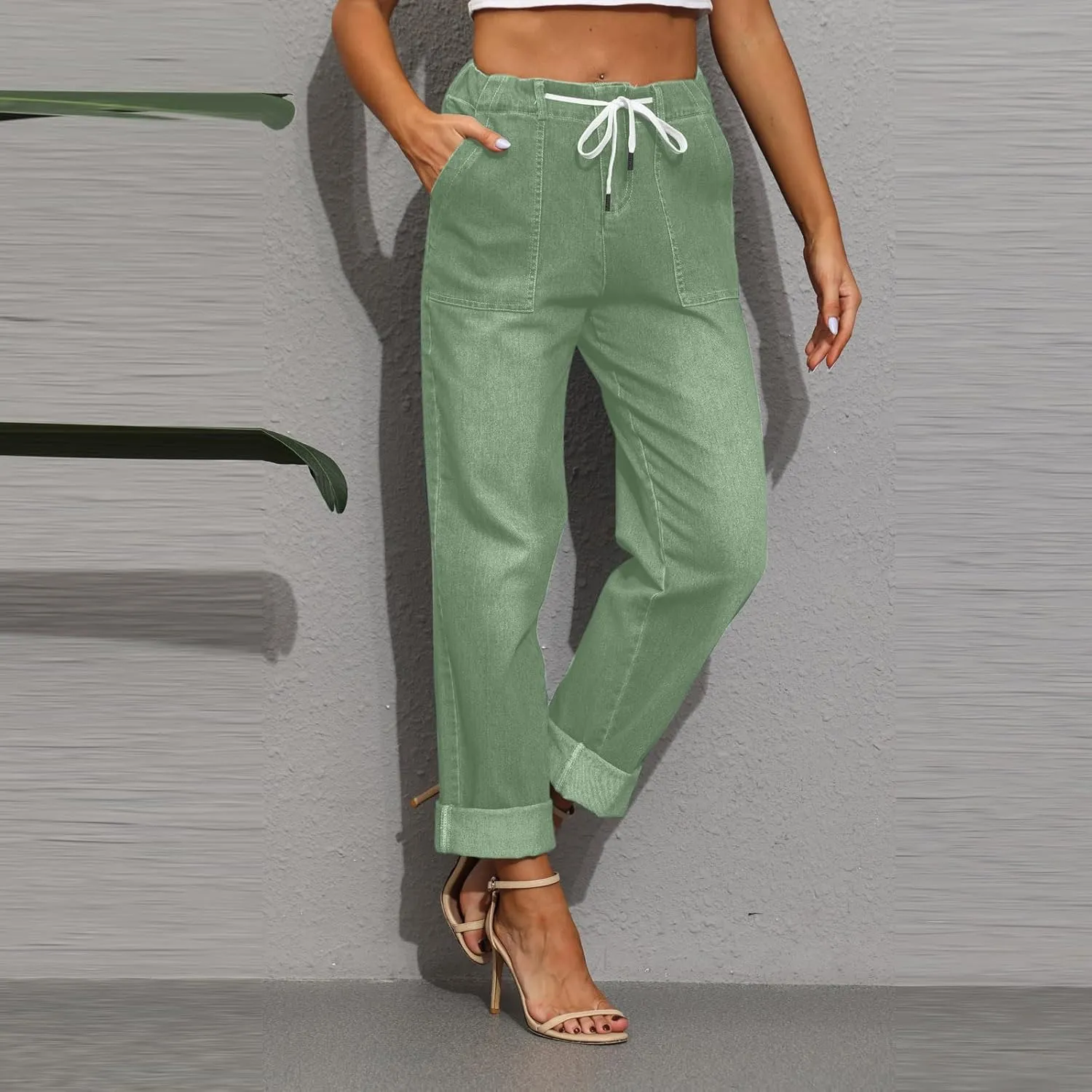 Gumipy Women's Pull On Denim Joggers Elastic Waist Stretch Drawstring Jeans with Pocket Casual Baggy Cropped Jeans