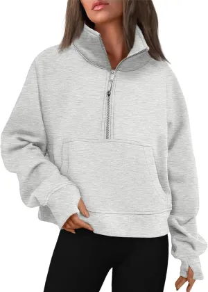 Half Zip Pullover Women Fleece Cropped Oversized Sweatshirt Pocket Quarter Zip Cute Sweatshirts with Thumb Holes