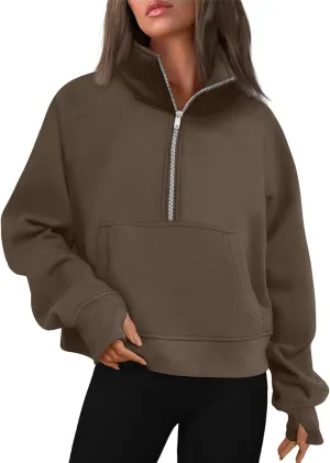 Half Zip Pullover Women Fleece Cropped Oversized Sweatshirt Pocket Quarter Zip Cute Sweatshirts with Thumb Holes