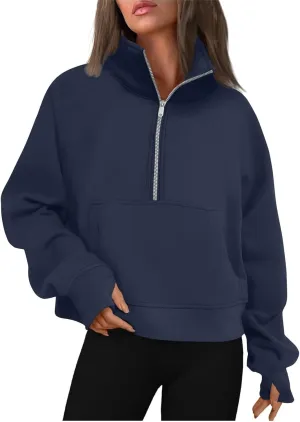 Half Zip Pullover Women Fleece Cropped Oversized Sweatshirt Pocket Quarter Zip Cute Sweatshirts with Thumb Holes