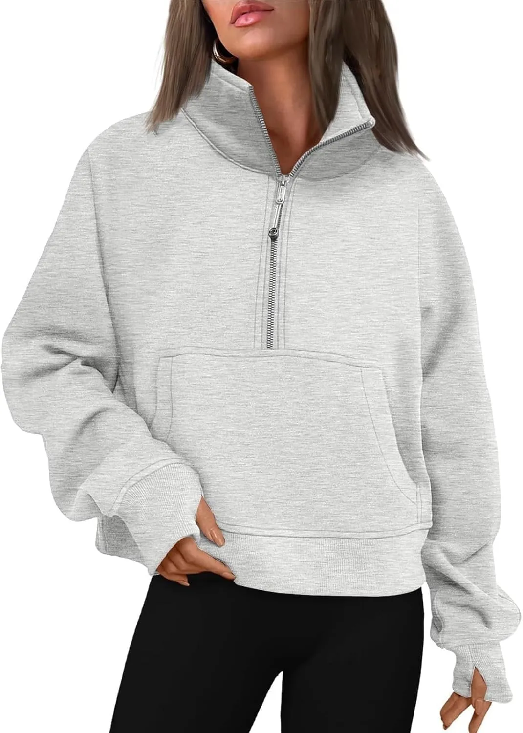 Half Zip Pullover Women Fleece Cropped Oversized Sweatshirt Pocket Quarter Zip Cute Sweatshirts with Thumb Holes