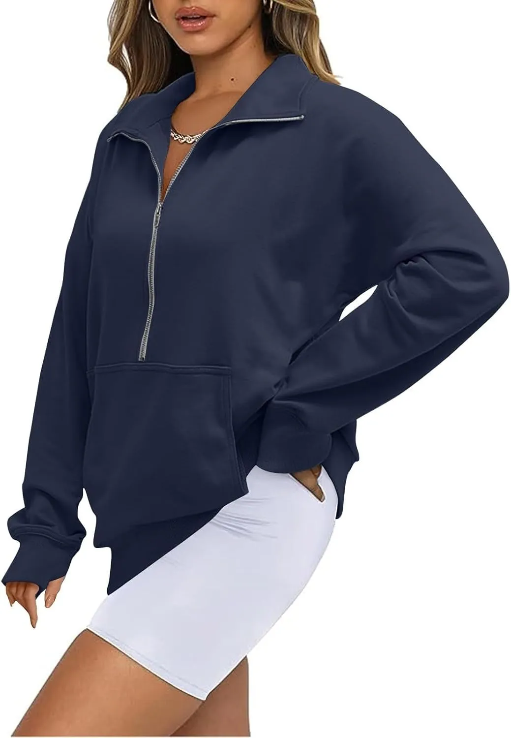 Half Zip Pullover Women Fleece Cropped Oversized Sweatshirt Pocket Quarter Zip Cute Sweatshirts with Thumb Holes