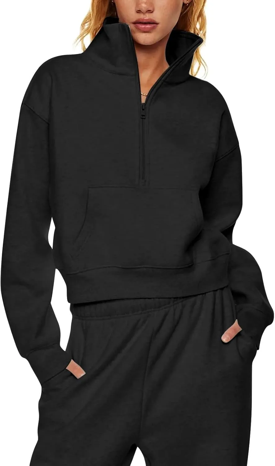 Half Zip Pullover Women Fleece Cropped Oversized Sweatshirt Pocket Quarter Zip Cute Sweatshirts with Thumb Holes