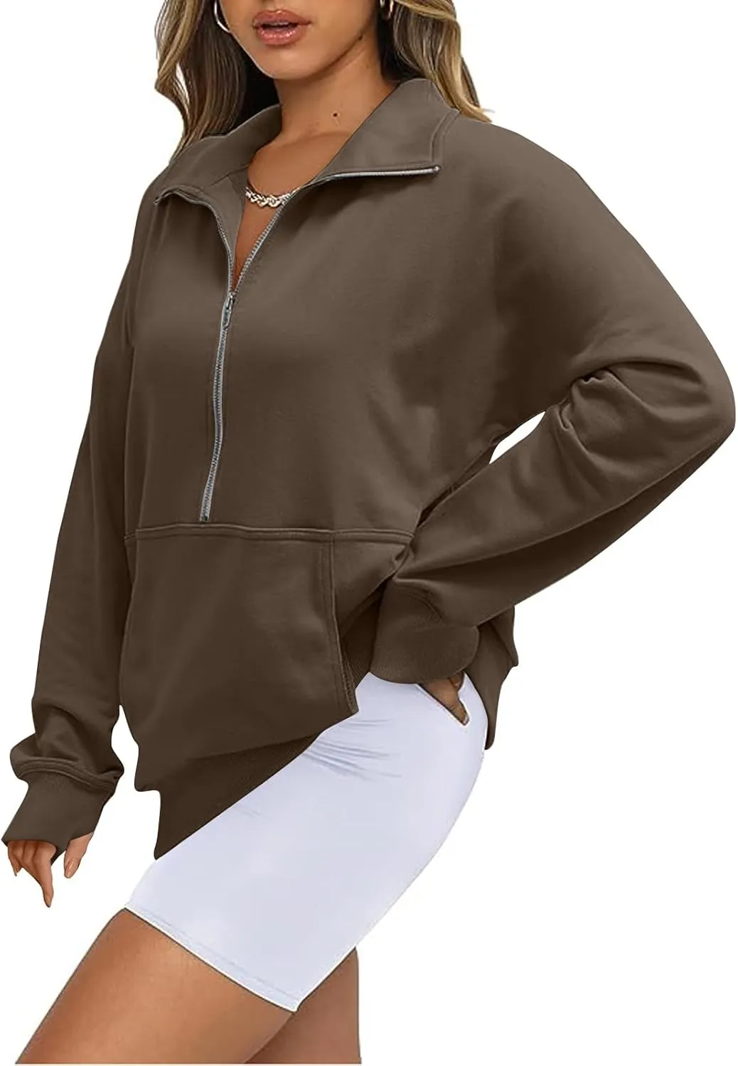 Half Zip Pullover Women Fleece Cropped Oversized Sweatshirt Pocket Quarter Zip Cute Sweatshirts with Thumb Holes
