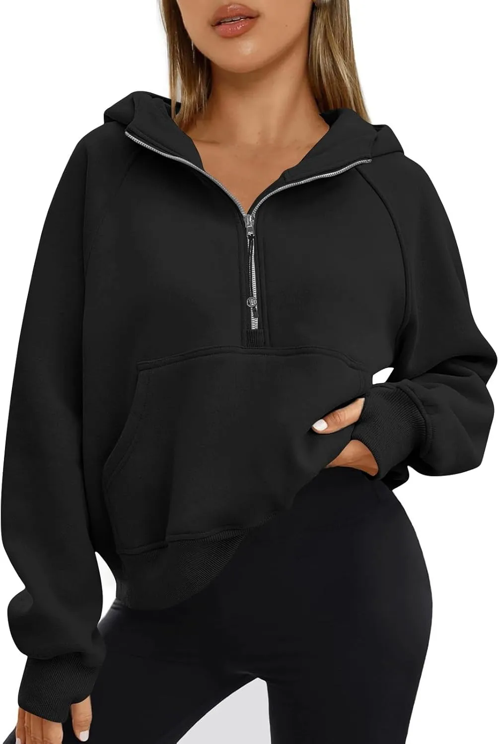 Half Zip Pullover Women Fleece Thumb Hole Cropped Hoodie Y2k Raglan Quarter Zipped Hooded Sweatshirt with Pockets