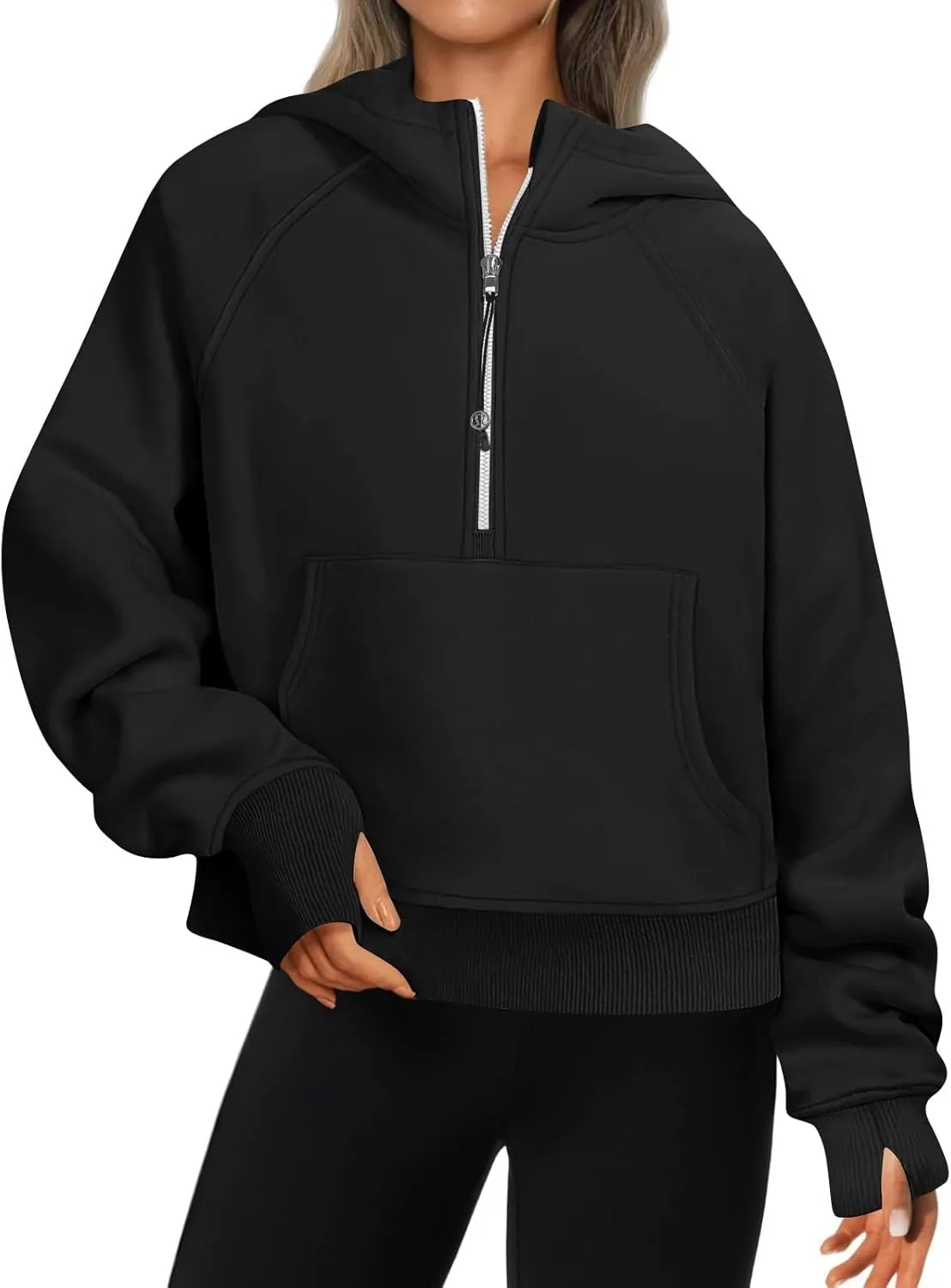 Half Zip Pullover Women Fleece Thumb Hole Cropped Hoodie Y2k Raglan Quarter Zipped Hooded Sweatshirt with Pockets
