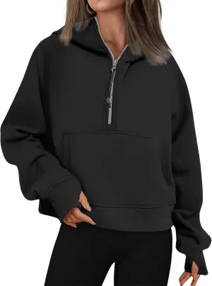Half Zip Pullover Women Fleece Thumb Hole Cropped Hoodie Y2k Raglan Quarter Zipped Hooded Sweatshirt with Pockets