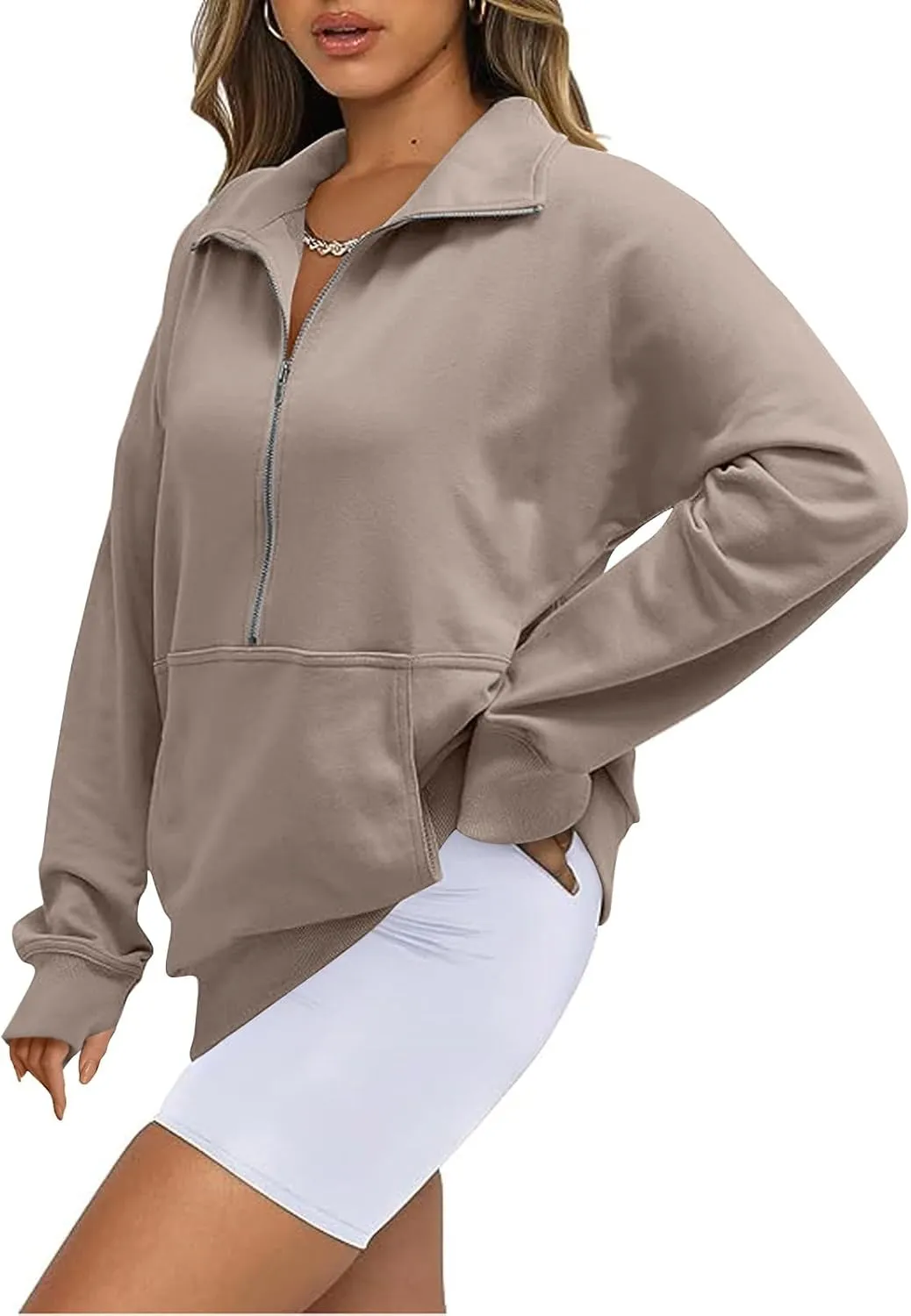 Half Zip Sweatshirt Women Cropped Oversized Fleece Pullover Zipped Thumb Hole Cute Sweatshirts with Pockets