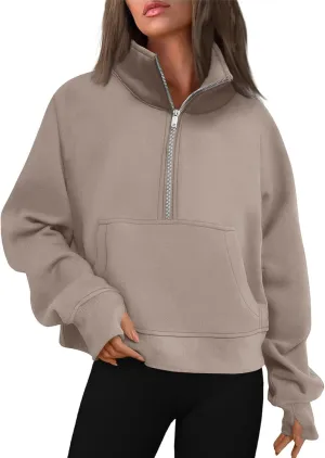 Half Zip Sweatshirt Women Cropped Oversized Fleece Pullover Zipped Thumb Hole Cute Sweatshirts with Pockets
