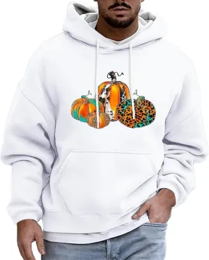 Halloween Hoodies for Men Oversized Drawstring Pullover Top Casual Loose Pumpkin Print Outdoor Long Sleeve Streetwear