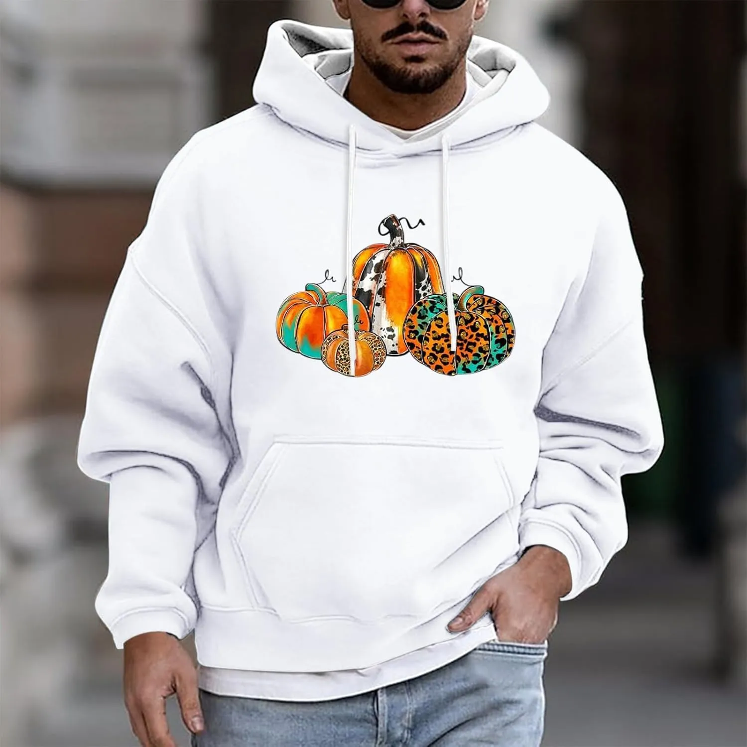 Halloween Hoodies for Men Oversized Drawstring Pullover Top Casual Loose Pumpkin Print Outdoor Long Sleeve Streetwear