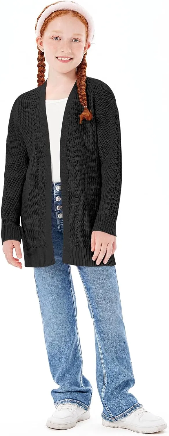 Haloumoning Girls Open Front Cardigan Sweaters Kids Fall Fashion Side Slit Outerwear 5-14 Years