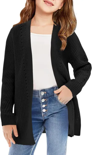 Haloumoning Girls Open Front Cardigan Sweaters Kids Fall Fashion Side Slit Outerwear 5-14 Years