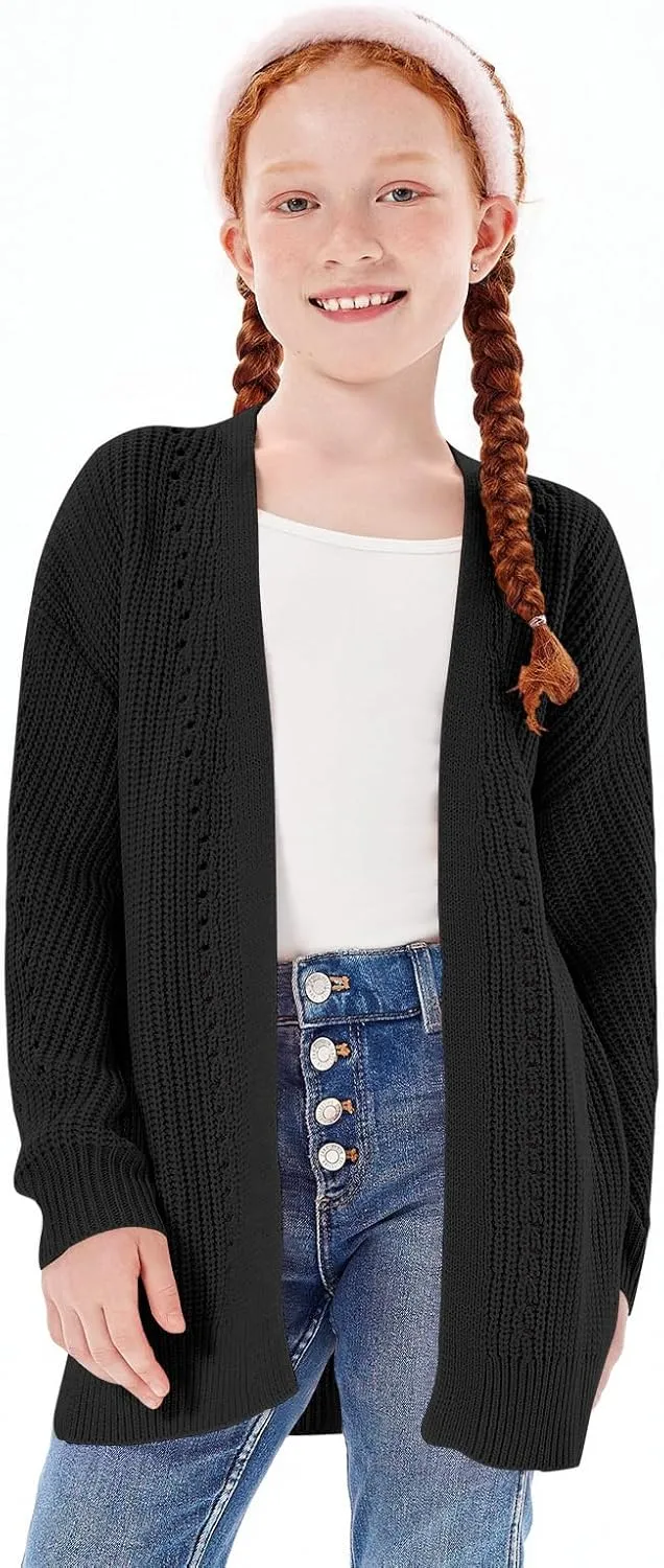 Haloumoning Girls Open Front Cardigan Sweaters Kids Fall Fashion Side Slit Outerwear 5-14 Years