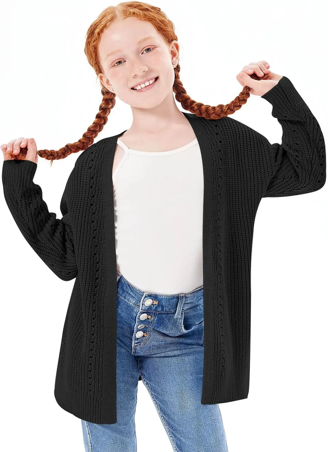 Haloumoning Girls Open Front Cardigan Sweaters Kids Fall Fashion Side Slit Outerwear 5-14 Years