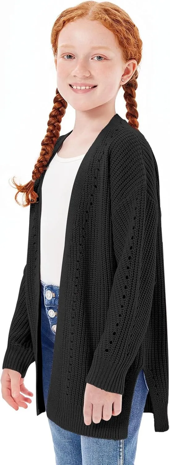 Haloumoning Girls Open Front Cardigan Sweaters Kids Fall Fashion Side Slit Outerwear 5-14 Years