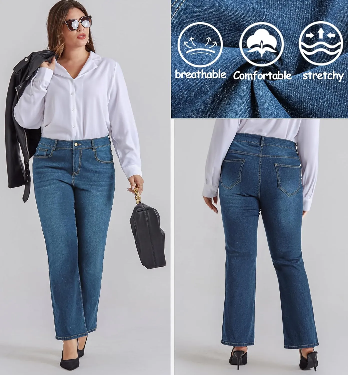 Hanna Nikole Women's Plus Size Wide Flared Jeans High Waisted Stretchy Bell Bottom Denim Jeans with Pockets