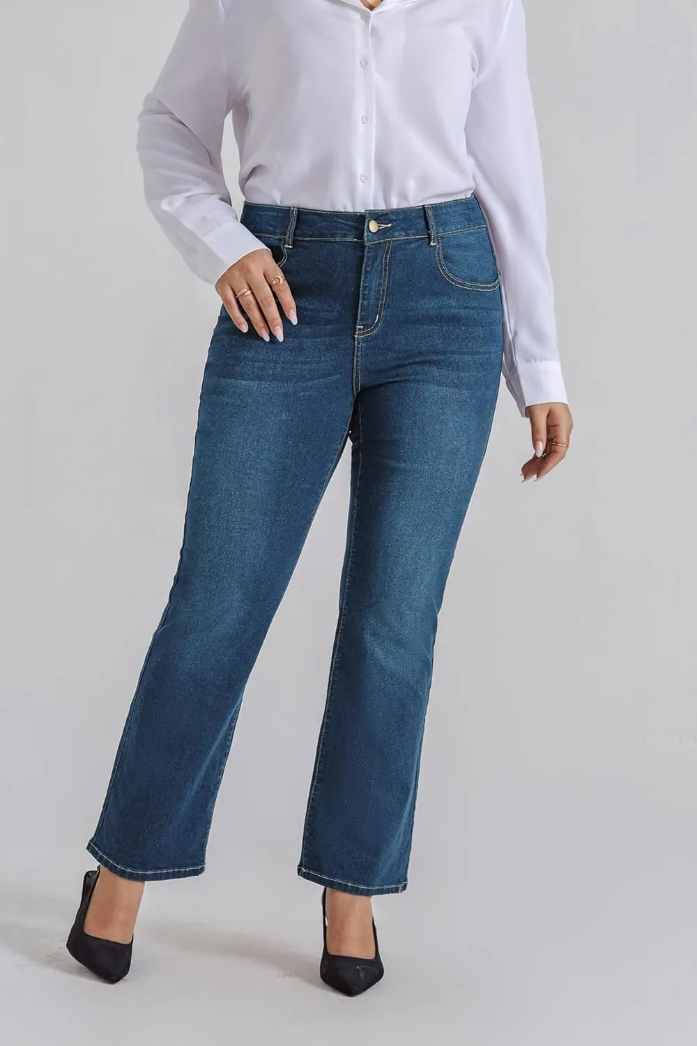 Hanna Nikole Women's Plus Size Wide Flared Jeans High Waisted Stretchy Bell Bottom Denim Jeans with Pockets