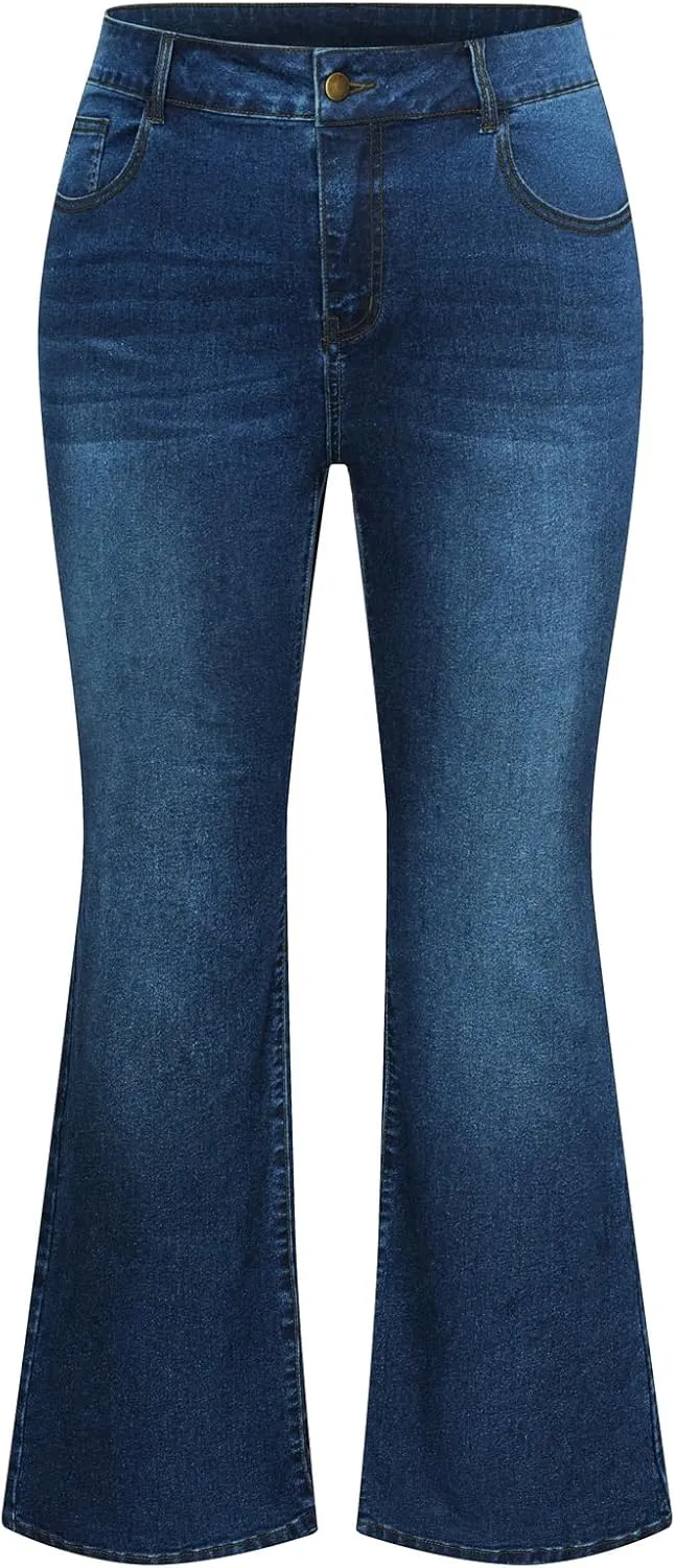 Hanna Nikole Women's Plus Size Wide Flared Jeans High Waisted Stretchy Bell Bottom Denim Jeans with Pockets