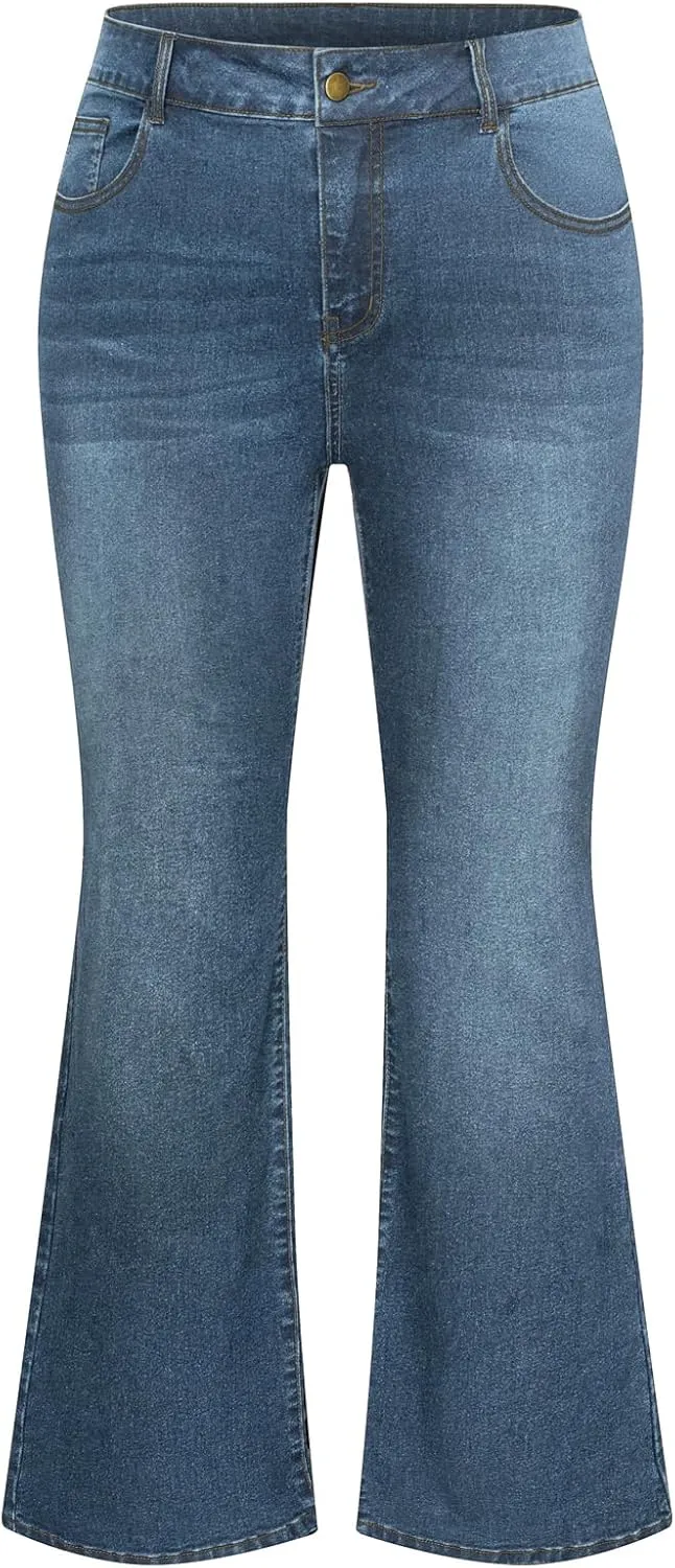 Hanna Nikole Women's Plus Size Wide Flared Jeans High Waisted Stretchy Bell Bottom Denim Jeans with Pockets